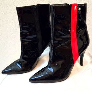 Forever21 Black Patent Ankle Boots with Red Stripe Heeled Booties